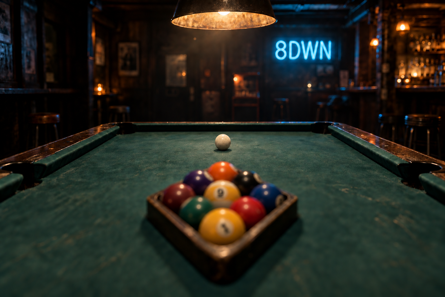 Moody pool hall with racked balls under a hanging lamp and 8DWN neon sign